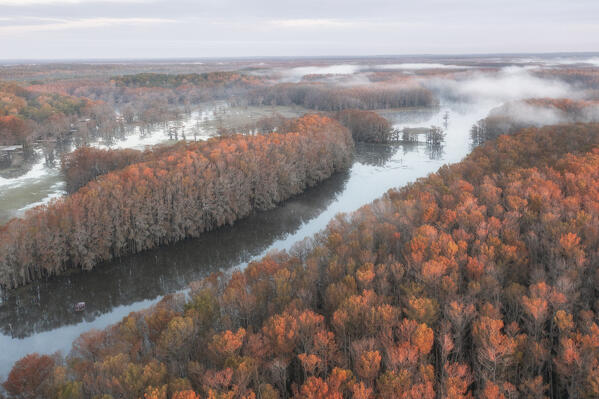 Aerial view of Lake Caddo, Texas, at sunrise