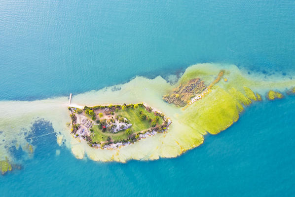 The island of San Biagio taken from above.  San Biagio Island, Manerba, Garda lake, Province of Brescia, Italy
