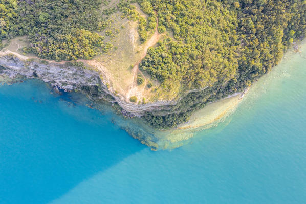 Aerial view of the tip of the Manerba park. Manerba, Garda Lake, Province of Brescia, Italy