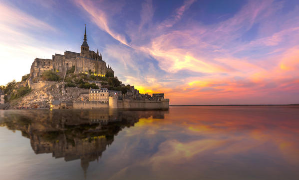 Le Mont Saint Michel village at sunset, Pontorson, Avranches, Manche, Normandy, France