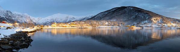 View of Bogen village at sunset, Ofoten, Nordland, Norway