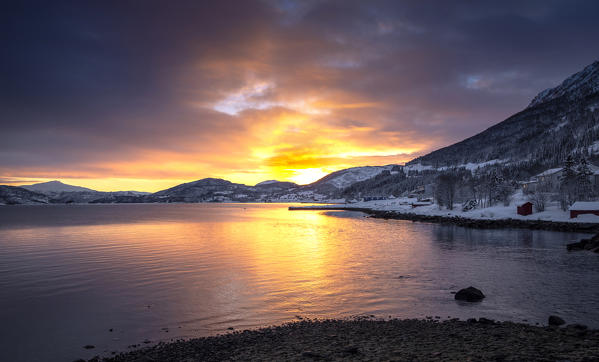 Ofotenfjorden at sunset, Bogen village, Ofoten, Nordland, Norway