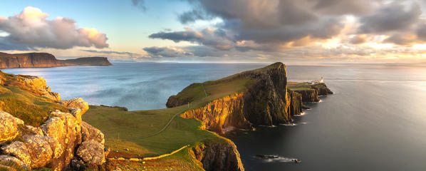 Panorama of Neist Point lighthouse, Waterstein. Isle of Skye, Scotland, 