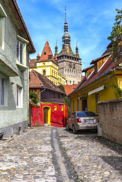 Clock Tower of Medieval Citadel in Sighisoara village, Mures district, Transylvania, Romania