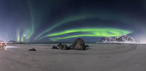 Panorama of Skagsanden Beach by night, Flakstad village, Svolvear district, Lofoten Islands, Norway