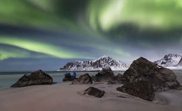 Skagsanden beach with northern light, Flakstad village, Svolvear district, Lofoten Islands, Norway