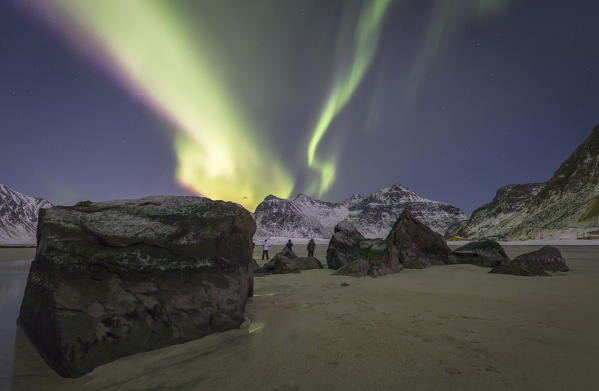 Skagsanden beach with northern light, Flakstad village, Svolvear district, Lofoten Islands, Norway