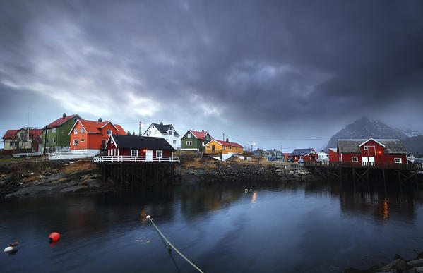 The beautiful fisherman Village of Henningsvær , with the Robur houses , Lofoten Islands in Norway.