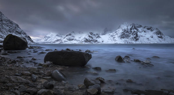 Fjord in Lofoten Islands, Flakstad village, Svolvear district, Norway