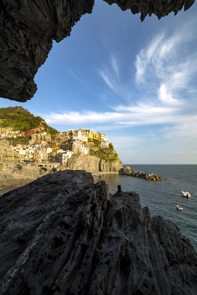 View of Manarola village from the cave, La Spezia district, Liguria, Italy