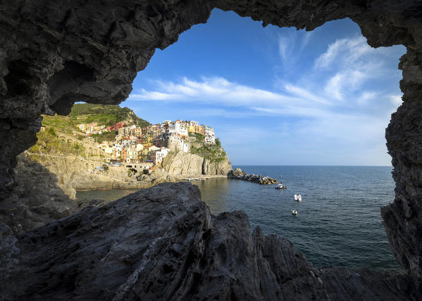 Manarola village, view from grotto, La Spezia district, Liguria, Italy