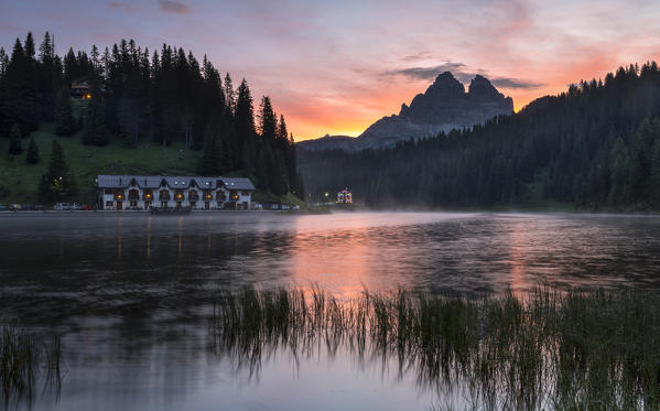 Misurina lake at sunrise, Misurina, Auronzo di Cadore, Belluno, Veneto, Italy