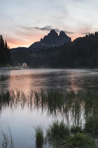 Misurina lake at sunrise, Misurina, Auronzo di Cadore, Belluno, Veneto, Italy