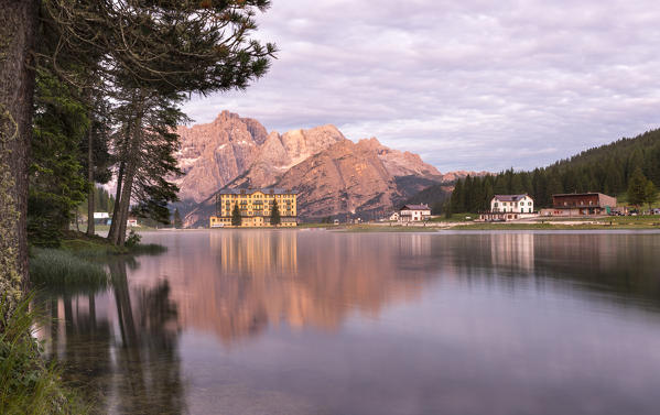 Misurina lake at sunrise, Misurina, Auronzo di Cadore, Belluno, Veneto, Italy