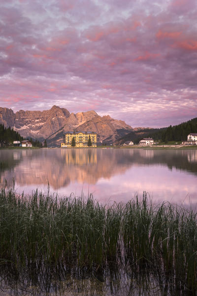 Misurina lake at sunrise, Misurina, Auronzo di Cadore, Belluno, Veneto, Italy
