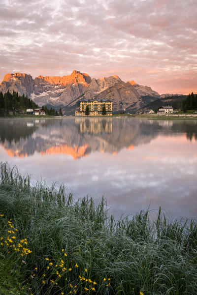 Misurina lake at sunrise, Misurina, Auronzo di Cadore, Belluno, Veneto, Italy