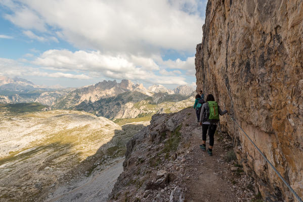 foto  - Europe, Italy, Dolomites, Veneto, Belluno. Hikers venturing to  the Trenches of the First World War on Mount Paterno