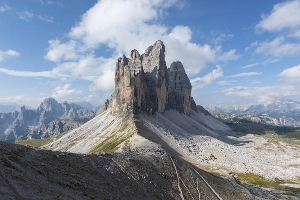 foto  - Europe, Italy, Dolomites, Veneto, Belluno. Tre Cime di Lavaredo seen from Trenches of the First World War on Mount Paterno