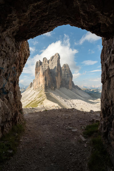 foto  - Europe, Italy, Dolomites, Veneto, Belluno. Tre Cime di Lavaredo seen from Trenches of the First World War on Mount Paterno