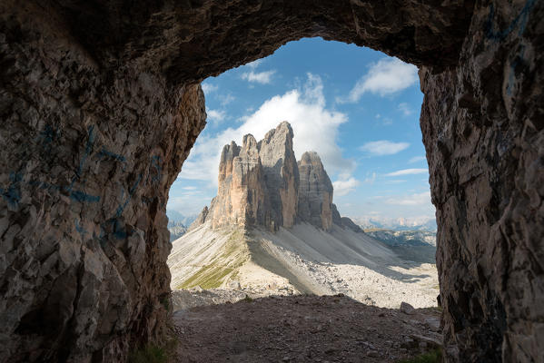 foto  - Europe, Italy, Dolomites, Veneto, Belluno. Tre Cime di Lavaredo seen from Trenches of the First World War on Mount Paterno