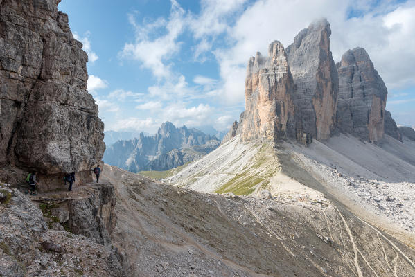 foto  - Europe, Italy, Dolomites, Veneto, Belluno. Hikers venturing to  the Trenches of the First World War on Mount Paterno